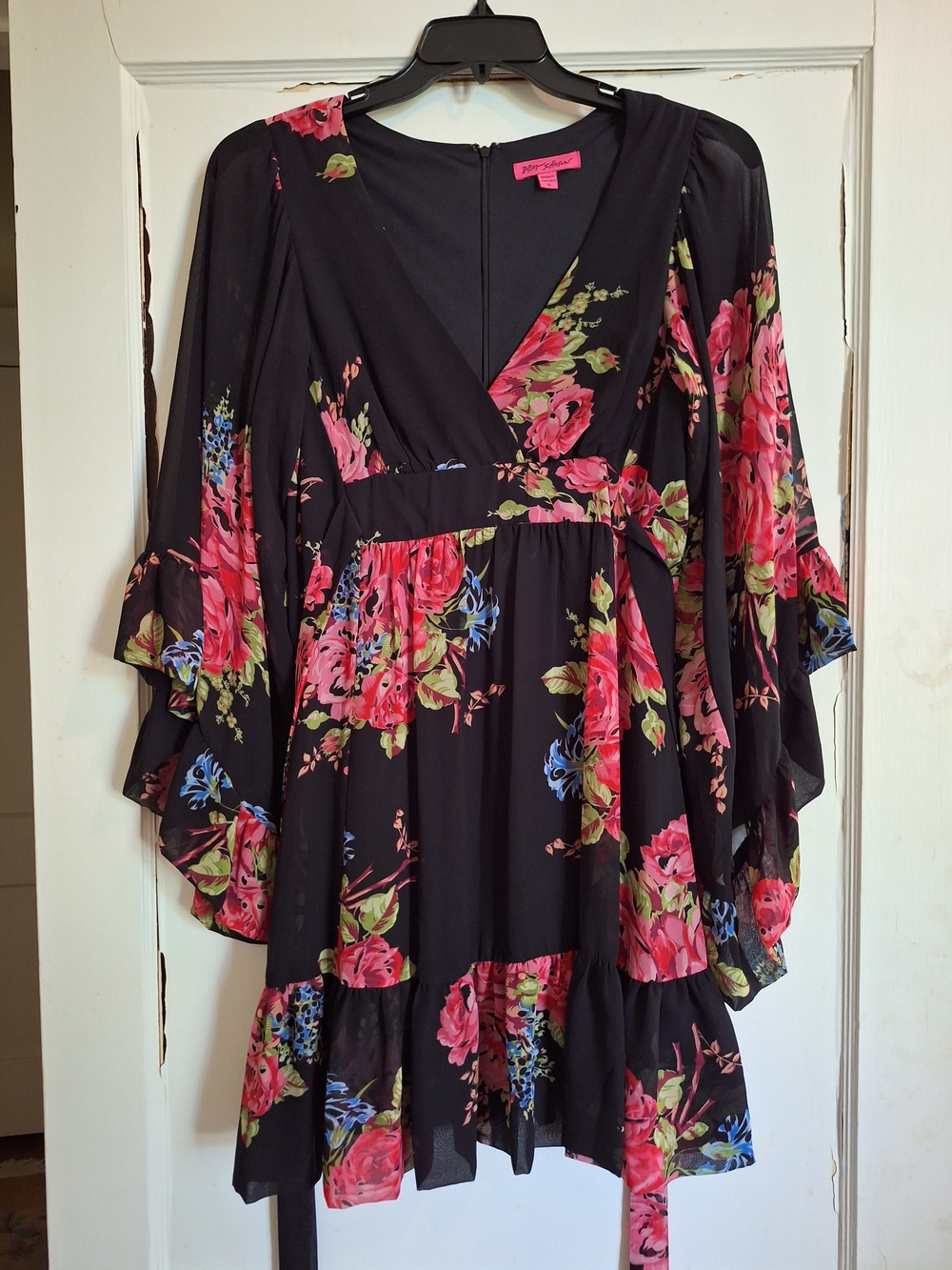 Betsey Johnson Women’s Dress Black Floral Bell Sleeves Sz 10 Boho Goth Witchy